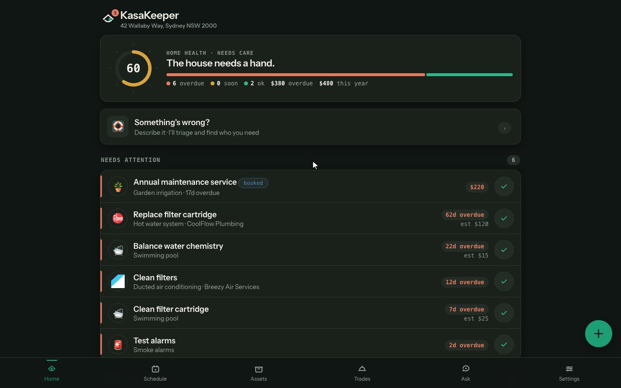 KasaKeeper home dashboard for a demo house: a home-health score of 60, six overdue jobs with estimated costs, and a button to describe a problem