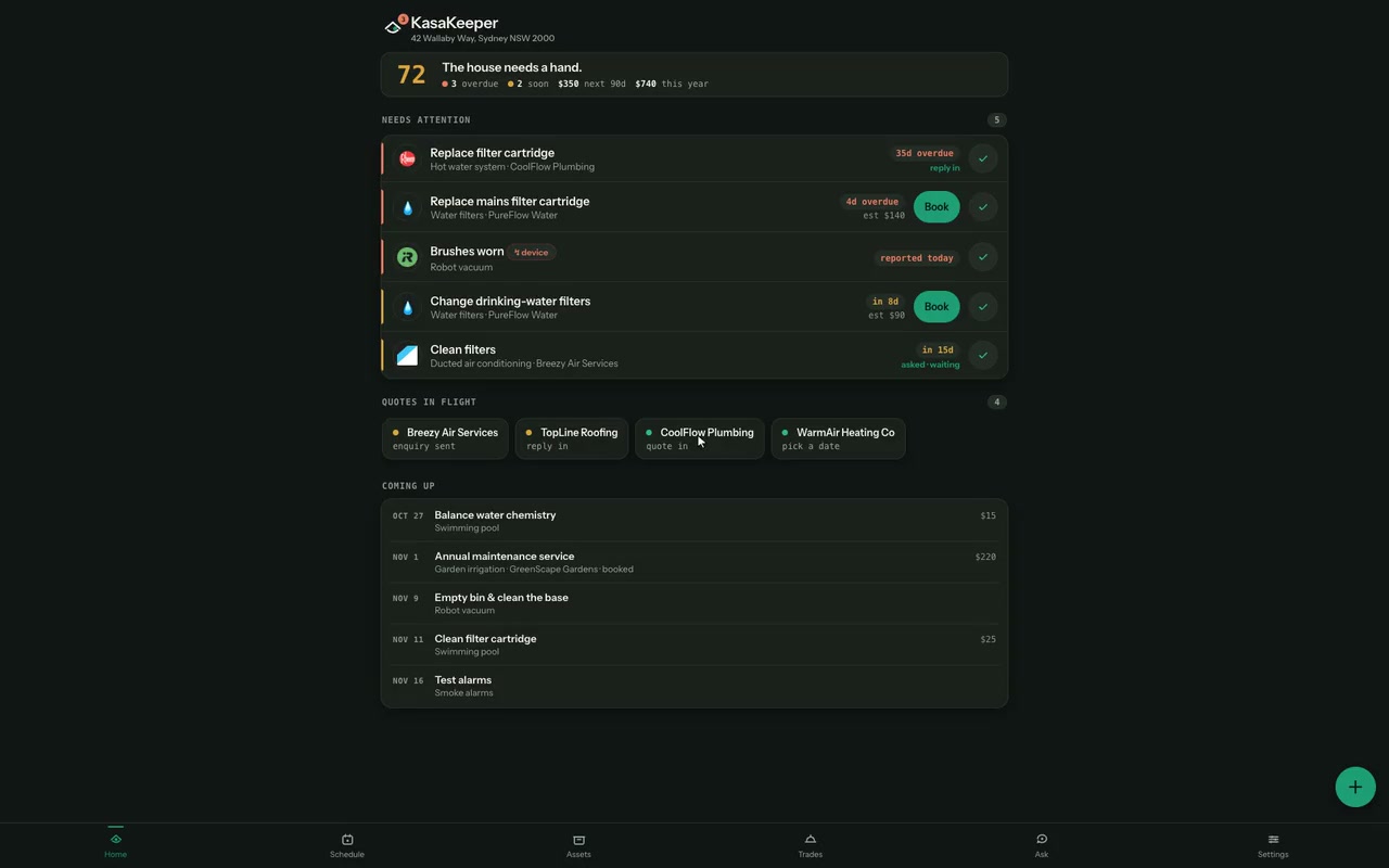 KasaKeeper home screen for a fictional demo house: a health score of 72, jobs that need attention with Book buttons, quotes in flight, and what's coming up